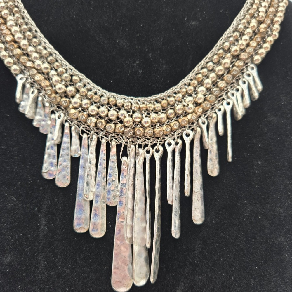 Nakamol Beaded Fringe Bib Statement Necklace Silver Bronze Tone Bohemian Tribal